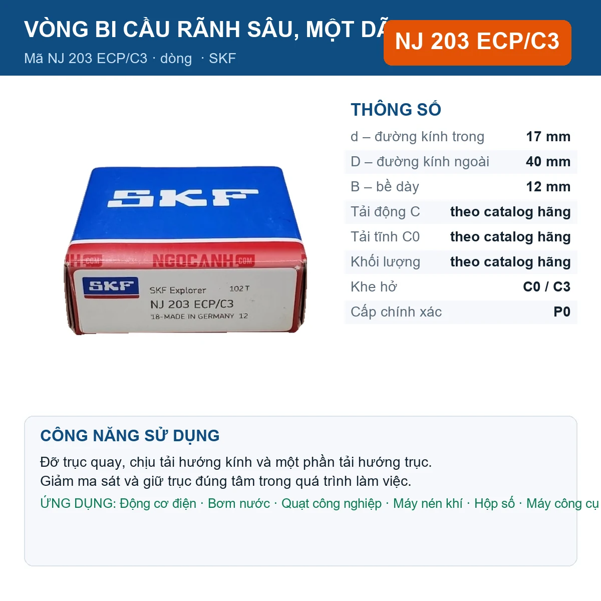 Vòng bi SKF NJ 203 ECP/C3 17x40x12mm — Ảnh đăng sản phẩm (web)