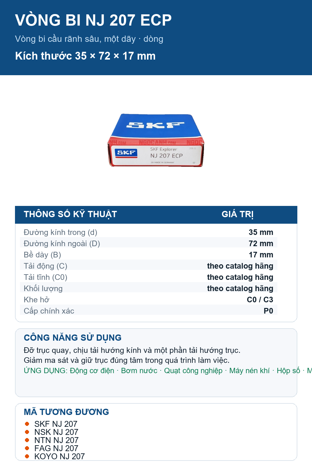 Vòng bi SKF NJ 207 ECP 35x72x17mm — Ảnh thông số (Pinterest)