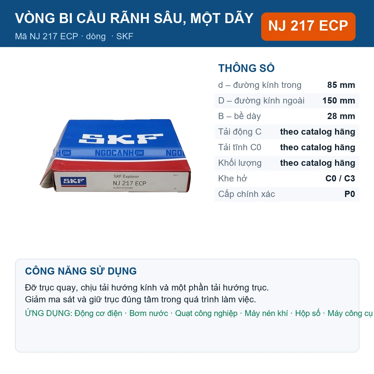 Vòng bi SKF NJ 217 ECP 85x150x28mm — Ảnh đăng sản phẩm (web)