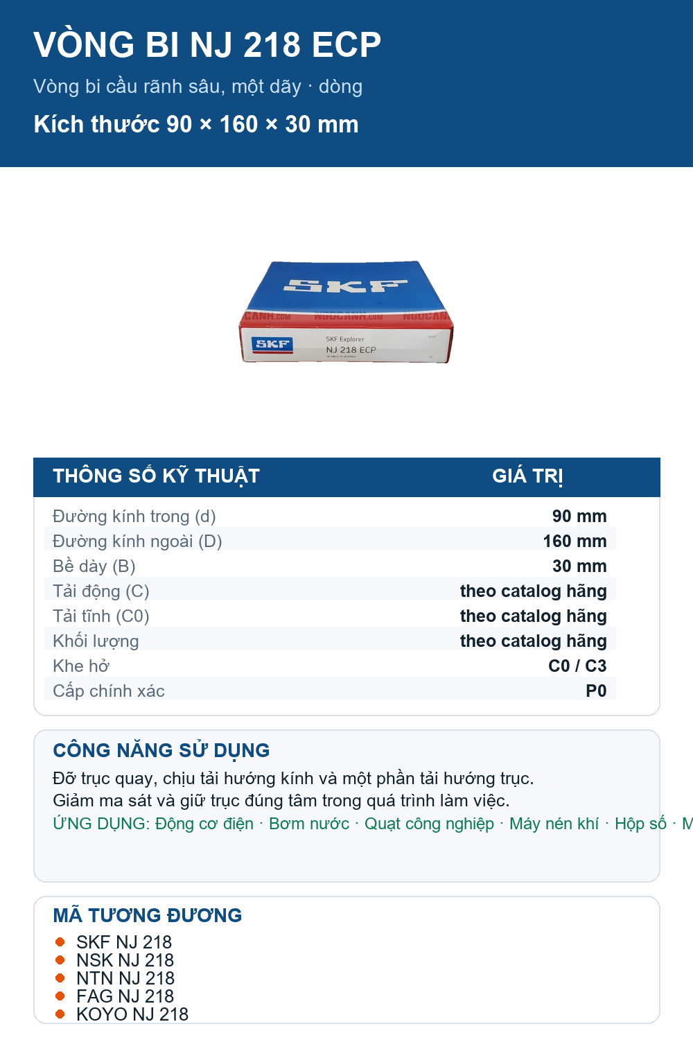 Vòng bi SKF NJ 218 ECP 90x160x30mm — Ảnh thông số (Pinterest)