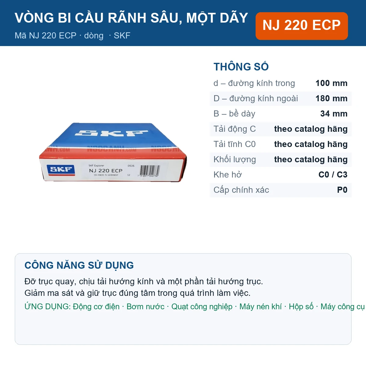 Vòng bi SKF NJ 220 ECP — kích thước 100x180x34mm