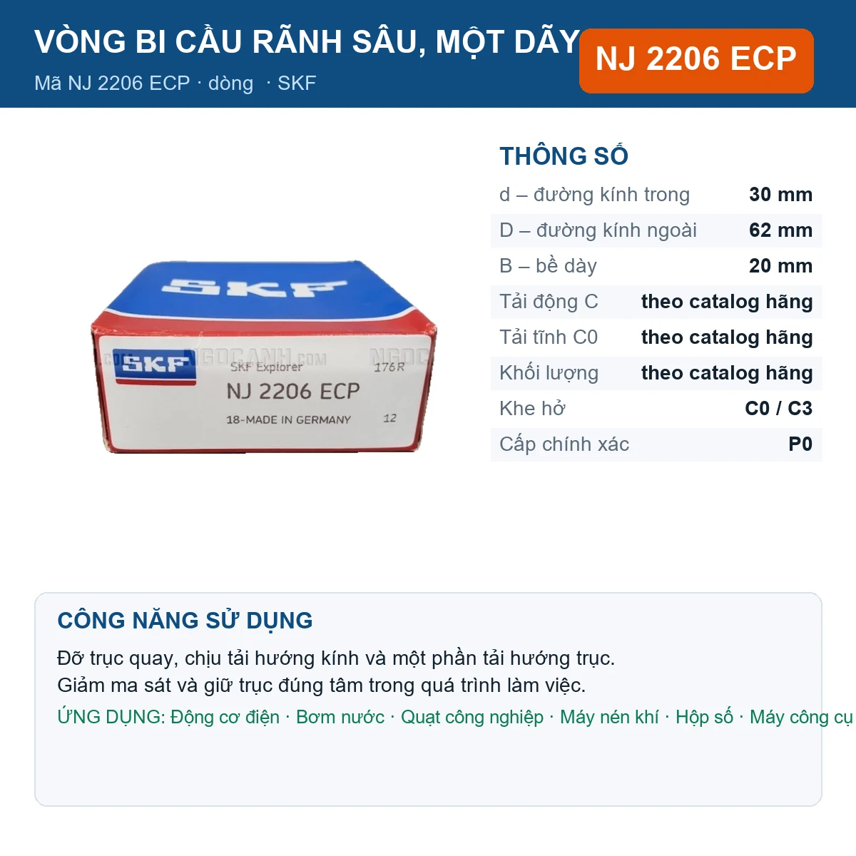 Vòng bi SKF NJ 2206 ECP — kích thước 30x62x20mm