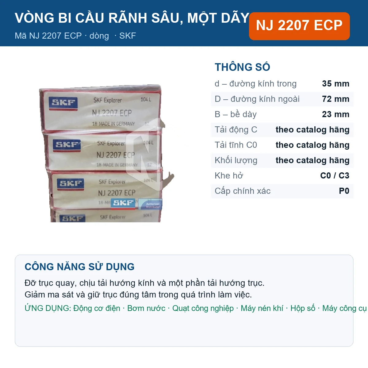 Vòng bi SKF NJ 2207 ECP — kích thước 35x72x23mm