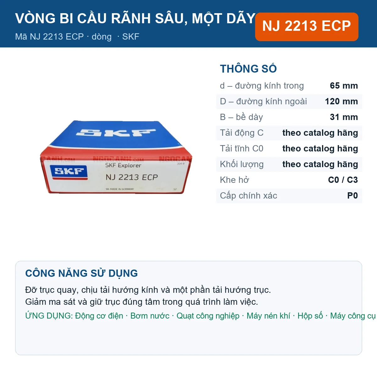 Vòng bi SKF NJ 2213 ECP — kích thước 65x120x31mm