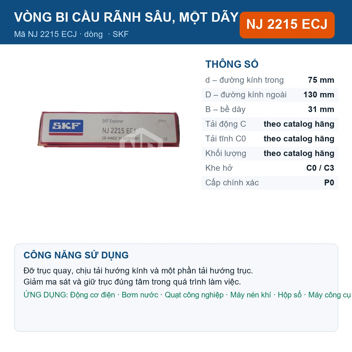 Vòng bi SKF NJ 2215 ECJ — kích thước 75x130x31mm
