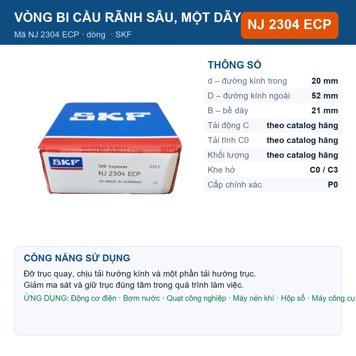 Vòng bi SKF NJ 2304 ECP — kích thước 20x52x21mm