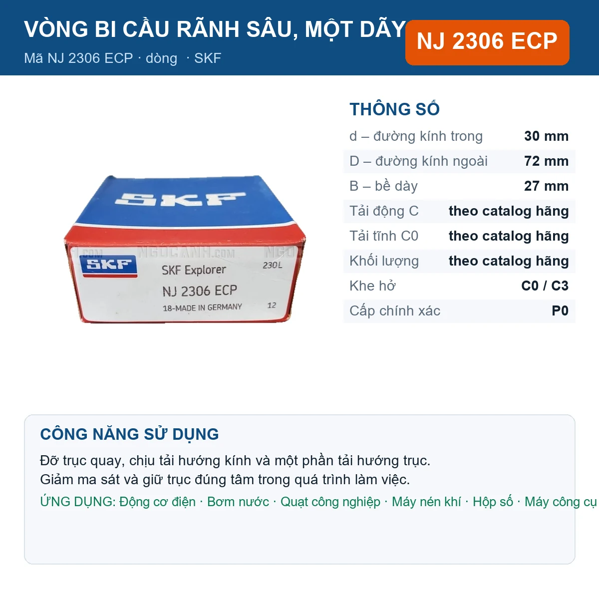 Vòng bi SKF NJ 2306 ECP — kích thước 30x72x27mm