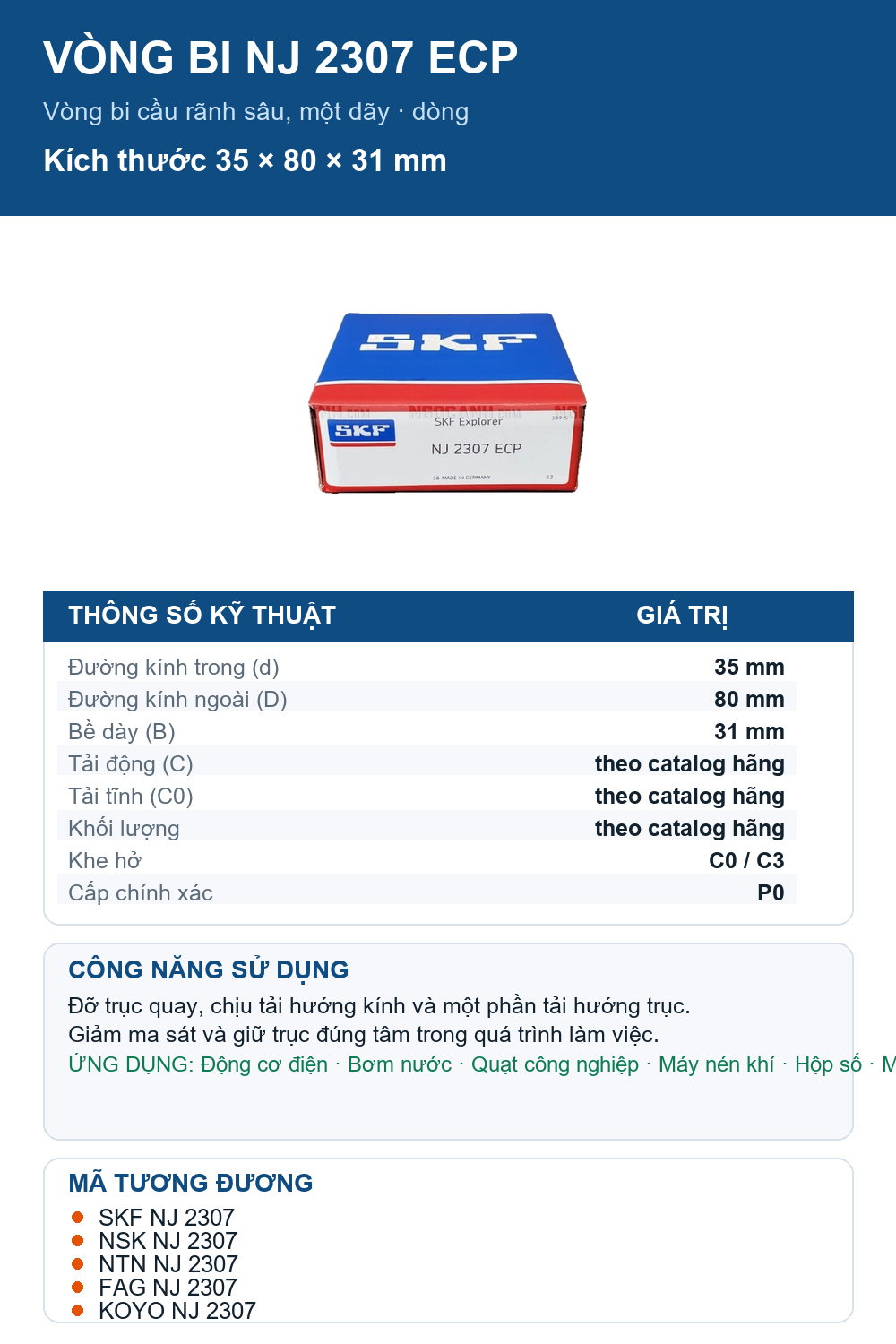 Vòng bi SKF NJ 2307 ECP 35x80x31mm — Ảnh thông số (Pinterest)
