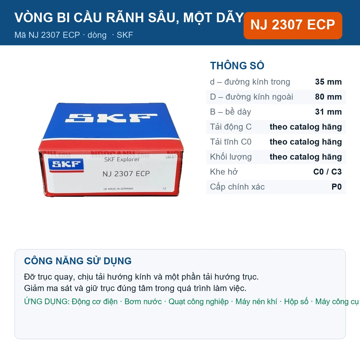 Vòng bi SKF NJ 2307 ECP — kích thước 35x80x31mm