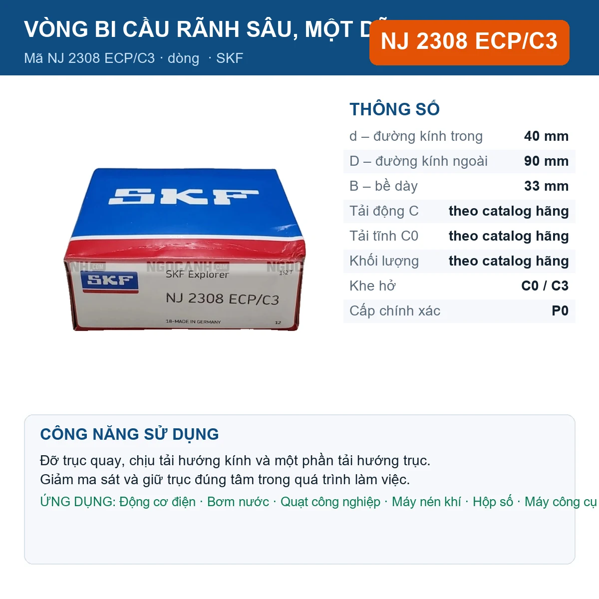 Vòng bi SKF NJ 2308 ECP/C3 — kích thước 40x90x33mm
