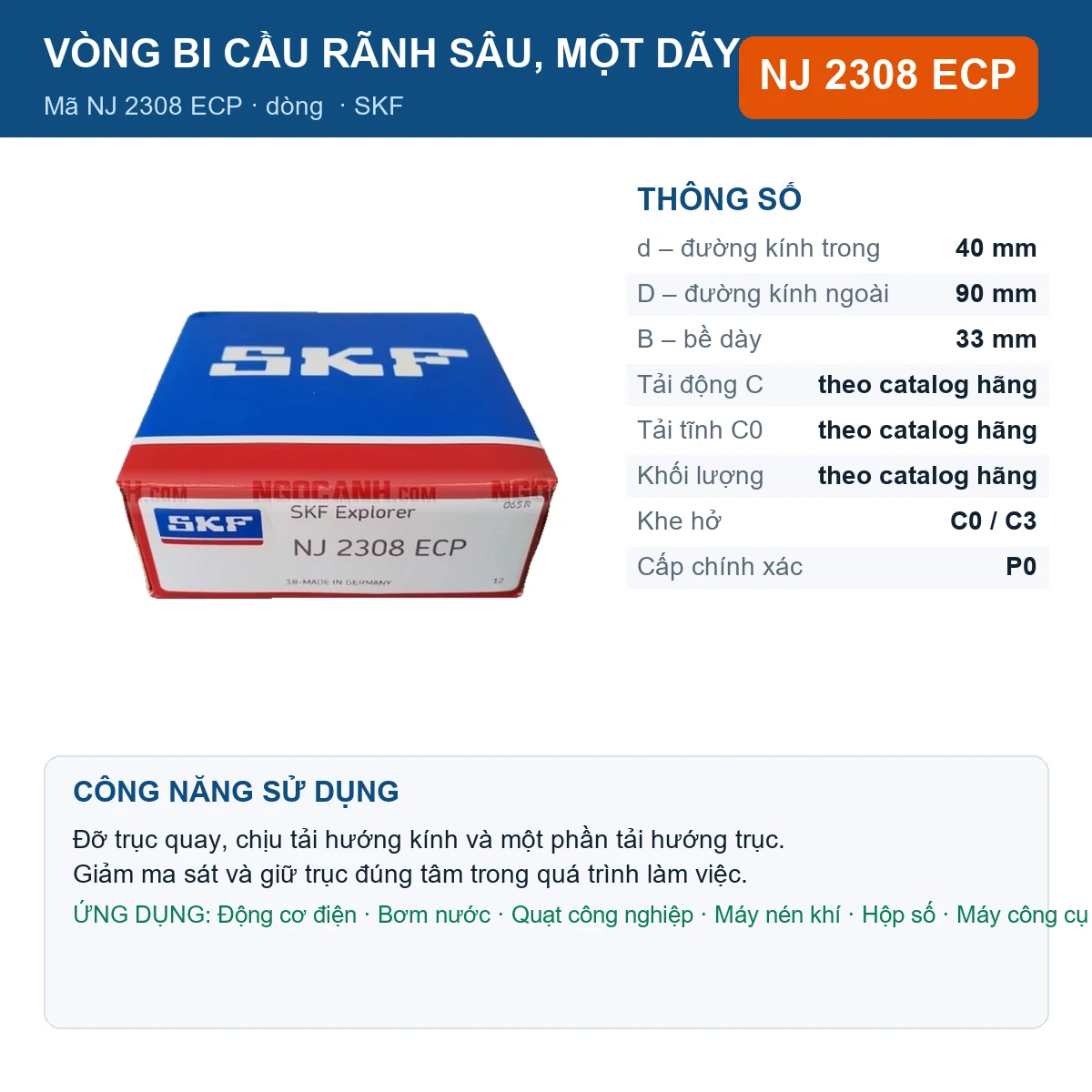 Vòng bi SKF NJ 2308 ECP — kích thước 40x90x33mm