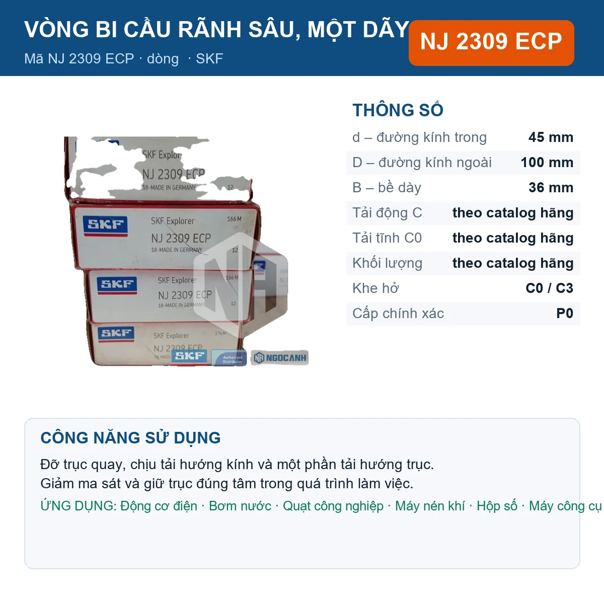 Vòng bi SKF NJ 2309 ECP — kích thước 45x100x36mm