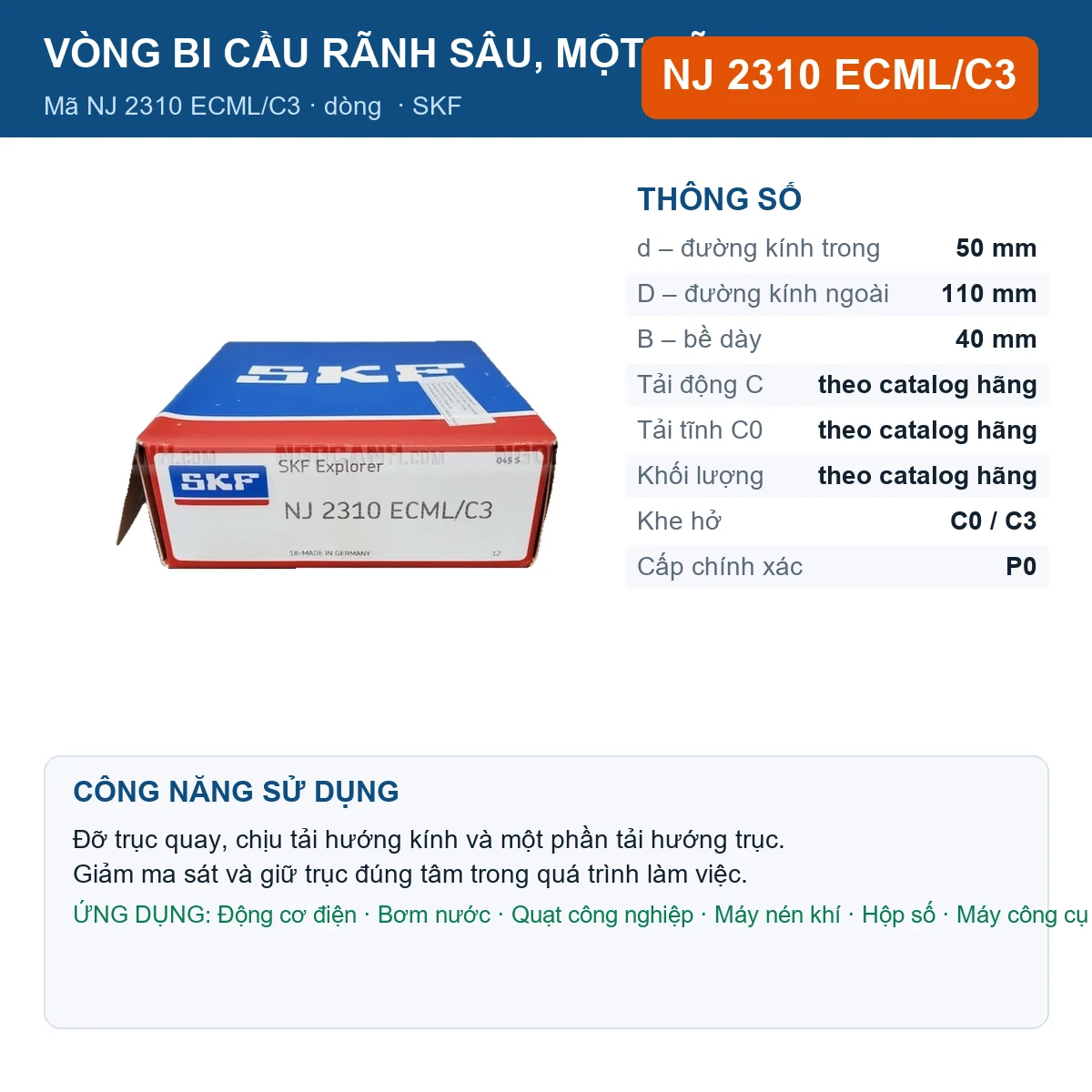 Vòng bi SKF NJ 2310 ECML/C3 — kích thước 50x110x40mm