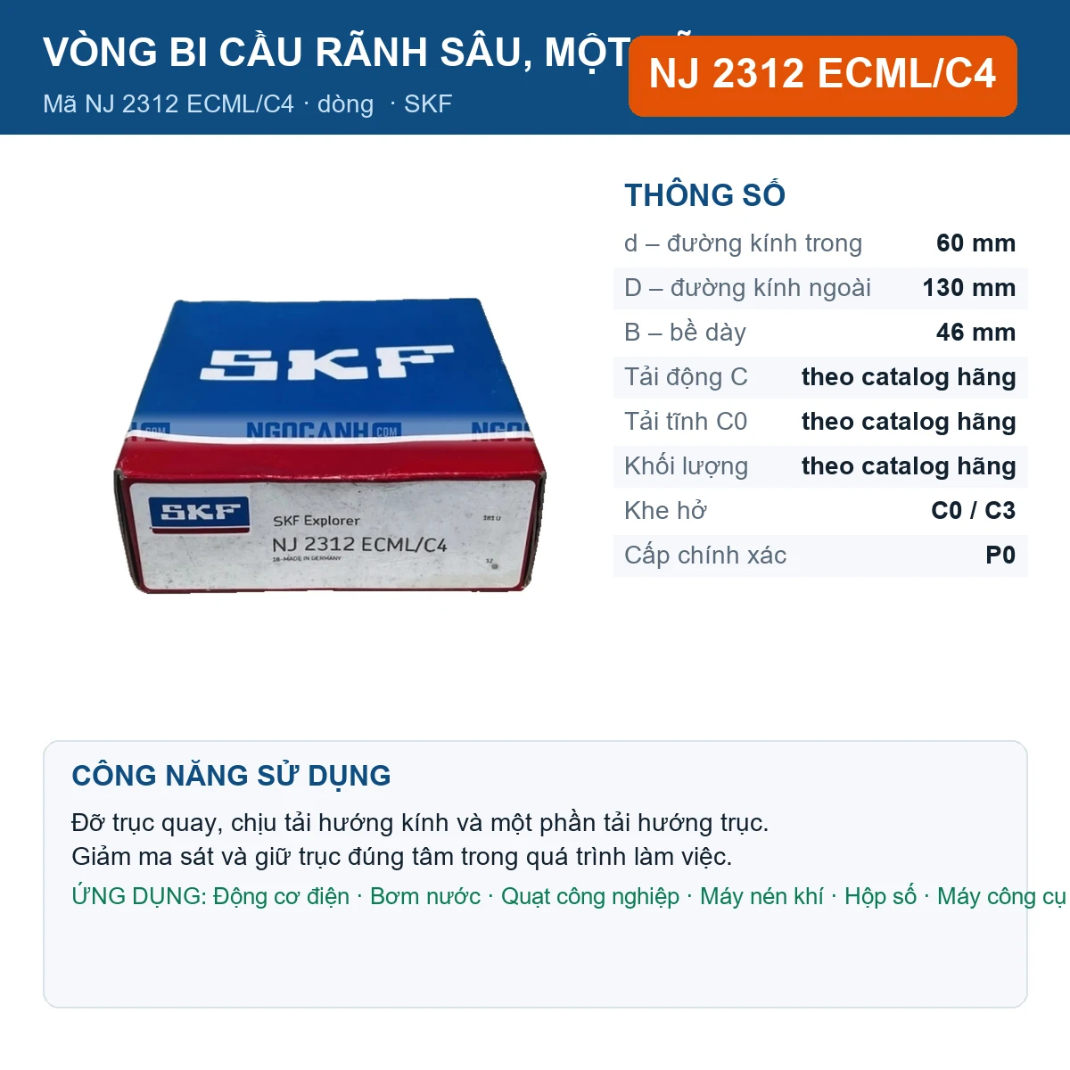 Vòng bi SKF NJ 2312 ECML/C4 — kích thước 60x130x46mm