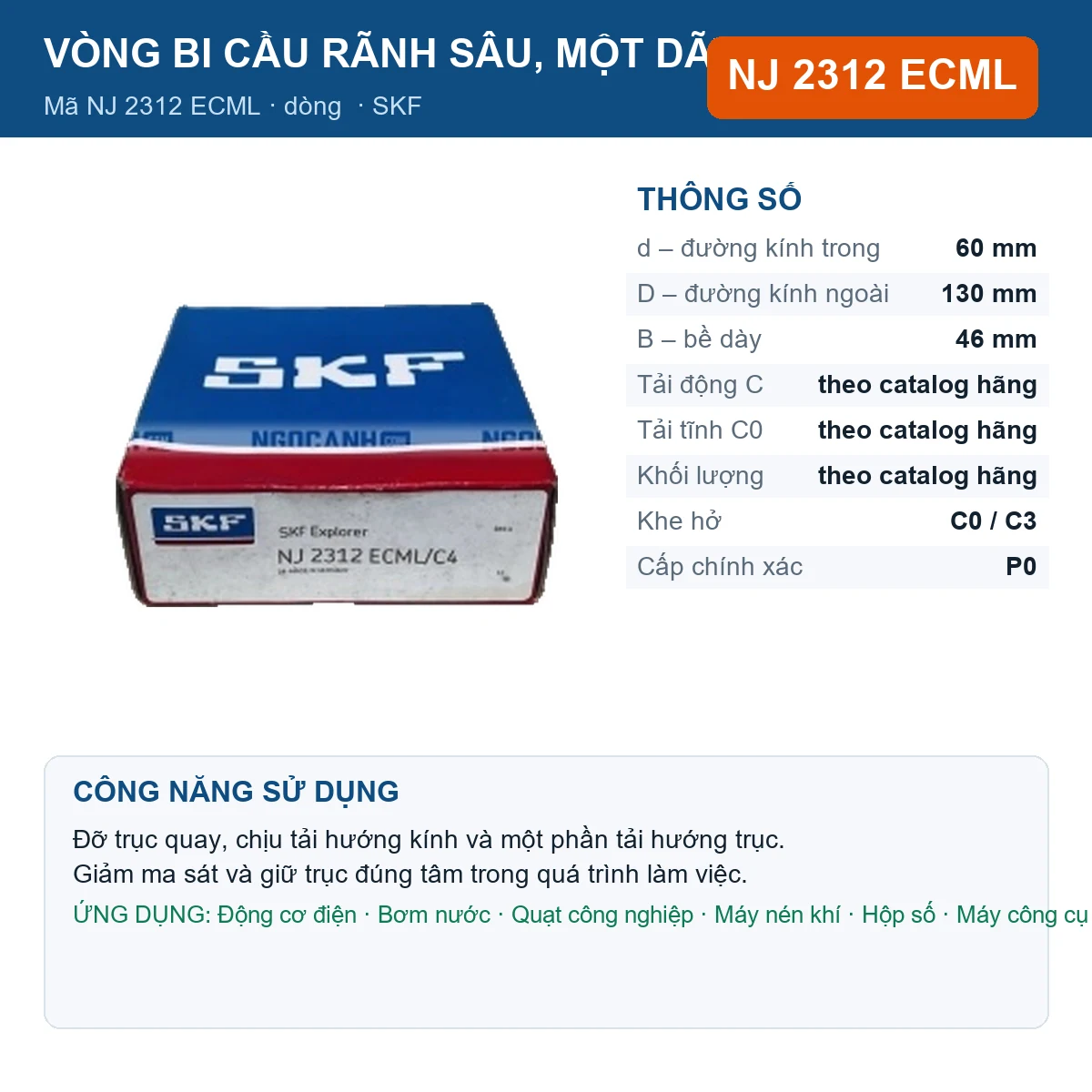 Vòng bi SKF NJ 2312 ECML — kích thước 60x130x46mm