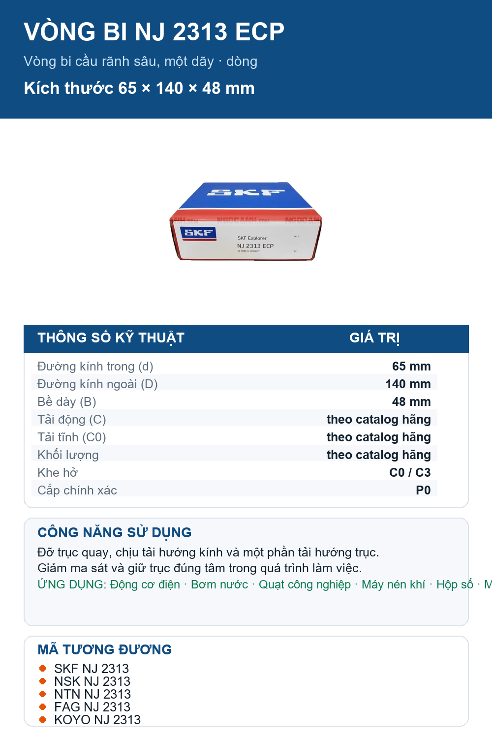 Vòng bi SKF NJ 2313 ECP 65x140x48mm — Ảnh thông số (Pinterest)