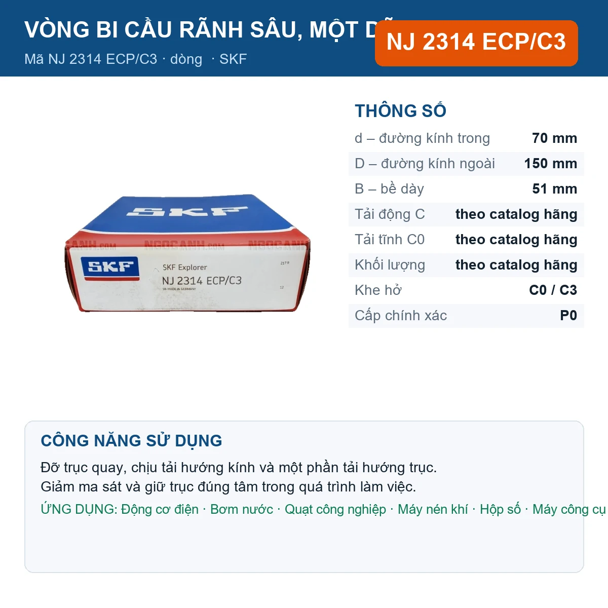 Vòng bi SKF NJ 2314 ECP/C3 — kích thước 70x150x51mm