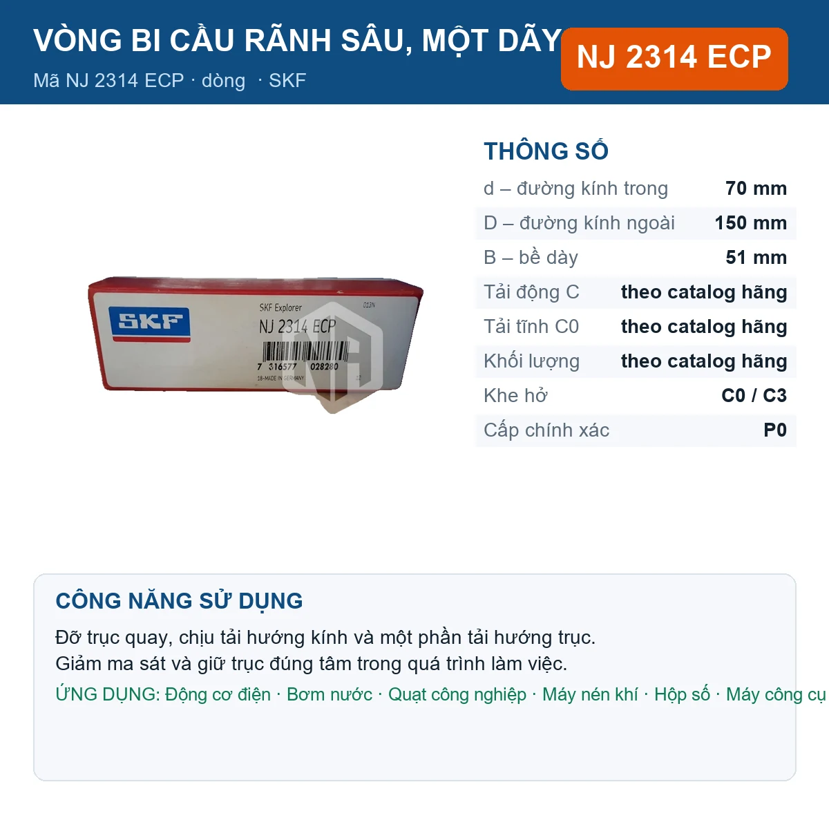 Vòng bi SKF NJ 2314 ECP — kích thước 70x150x51mm