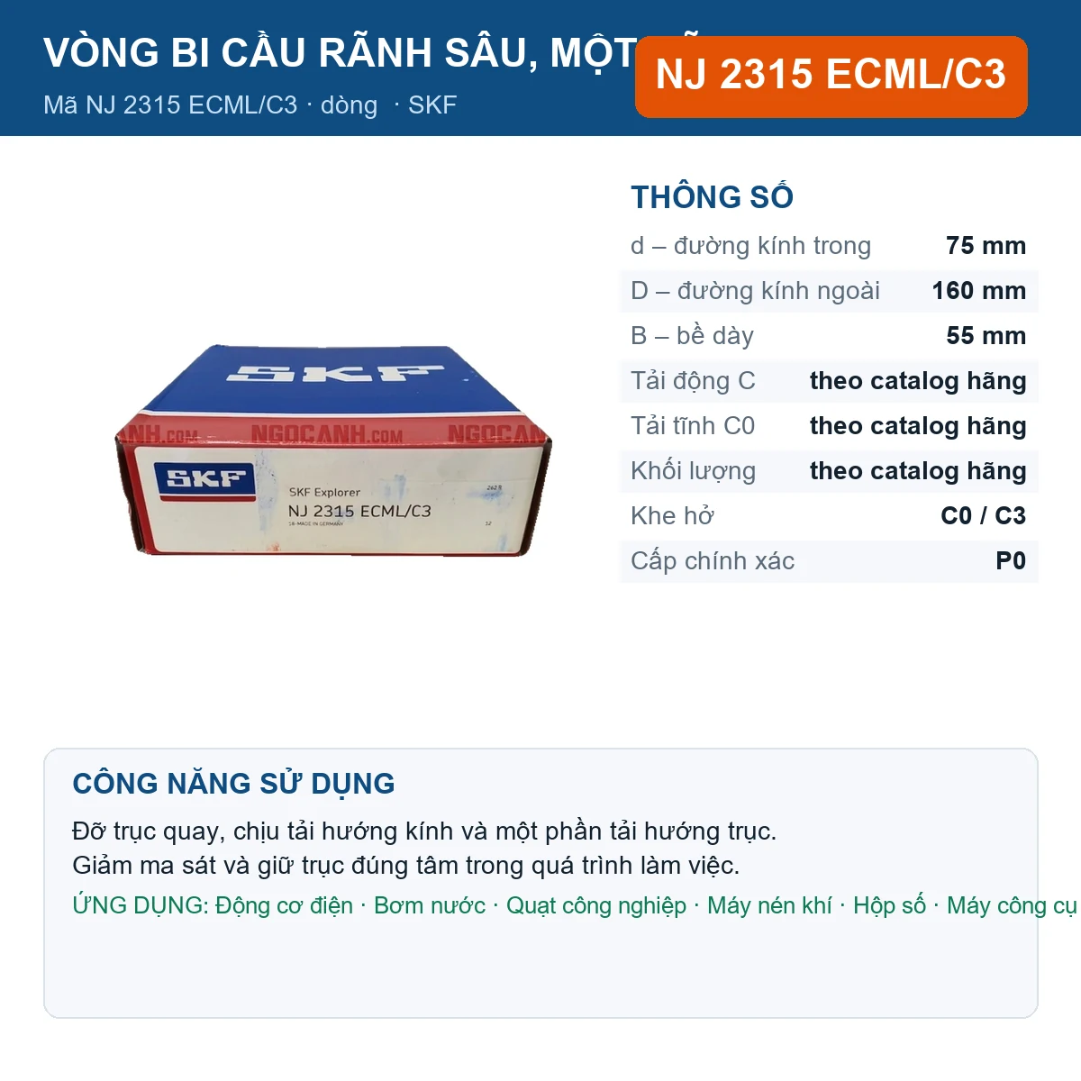 Vòng bi SKF NJ 2315 ECML/C3 — kích thước 75x160x55mm