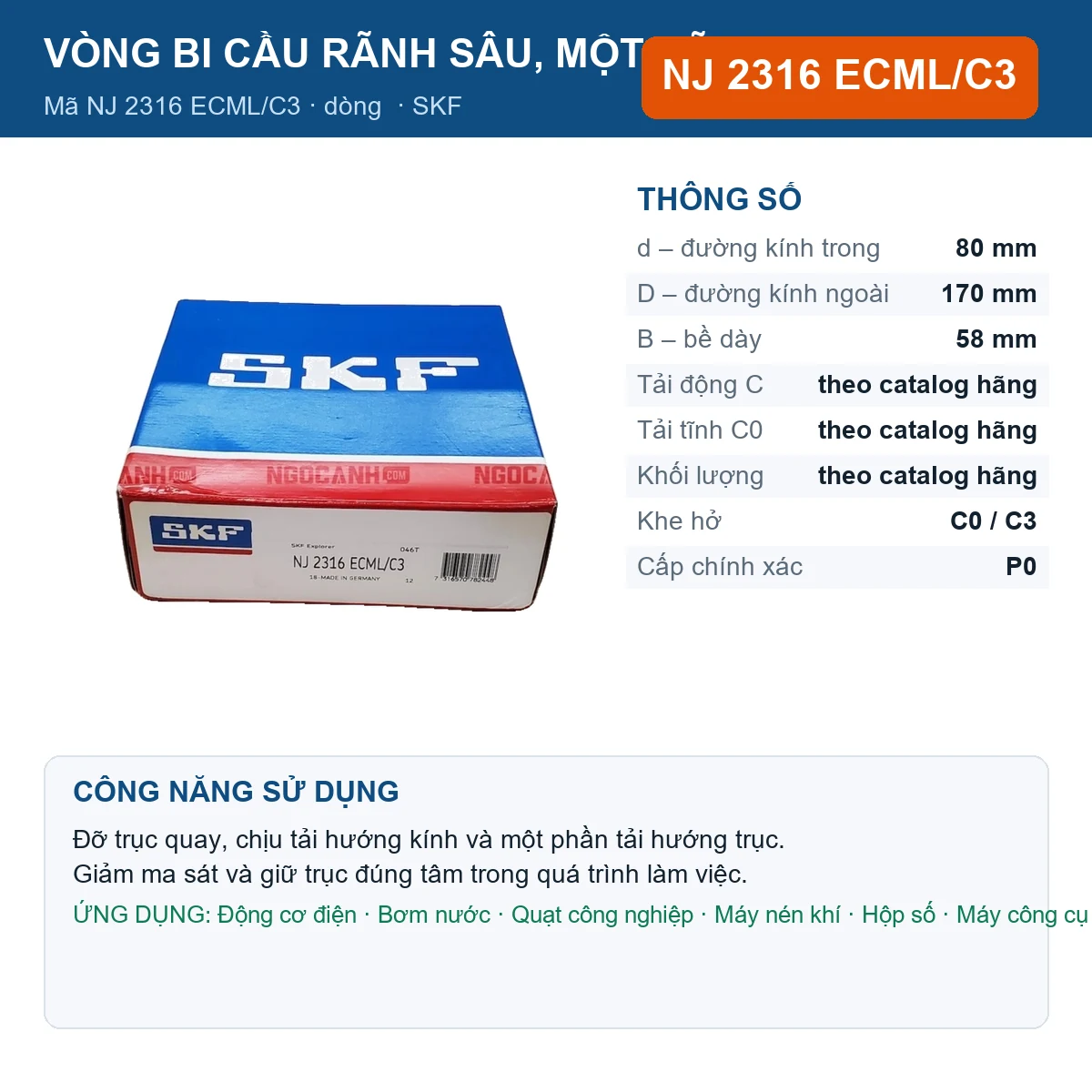Vòng bi SKF NJ 2316 ECML/C3 — kích thước 80x170x58mm