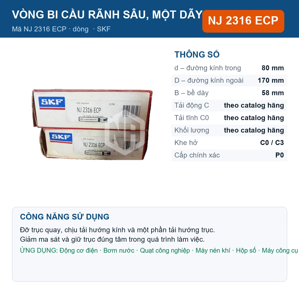 Vòng bi SKF NJ 2316 ECP — kích thước 80x170x58mm