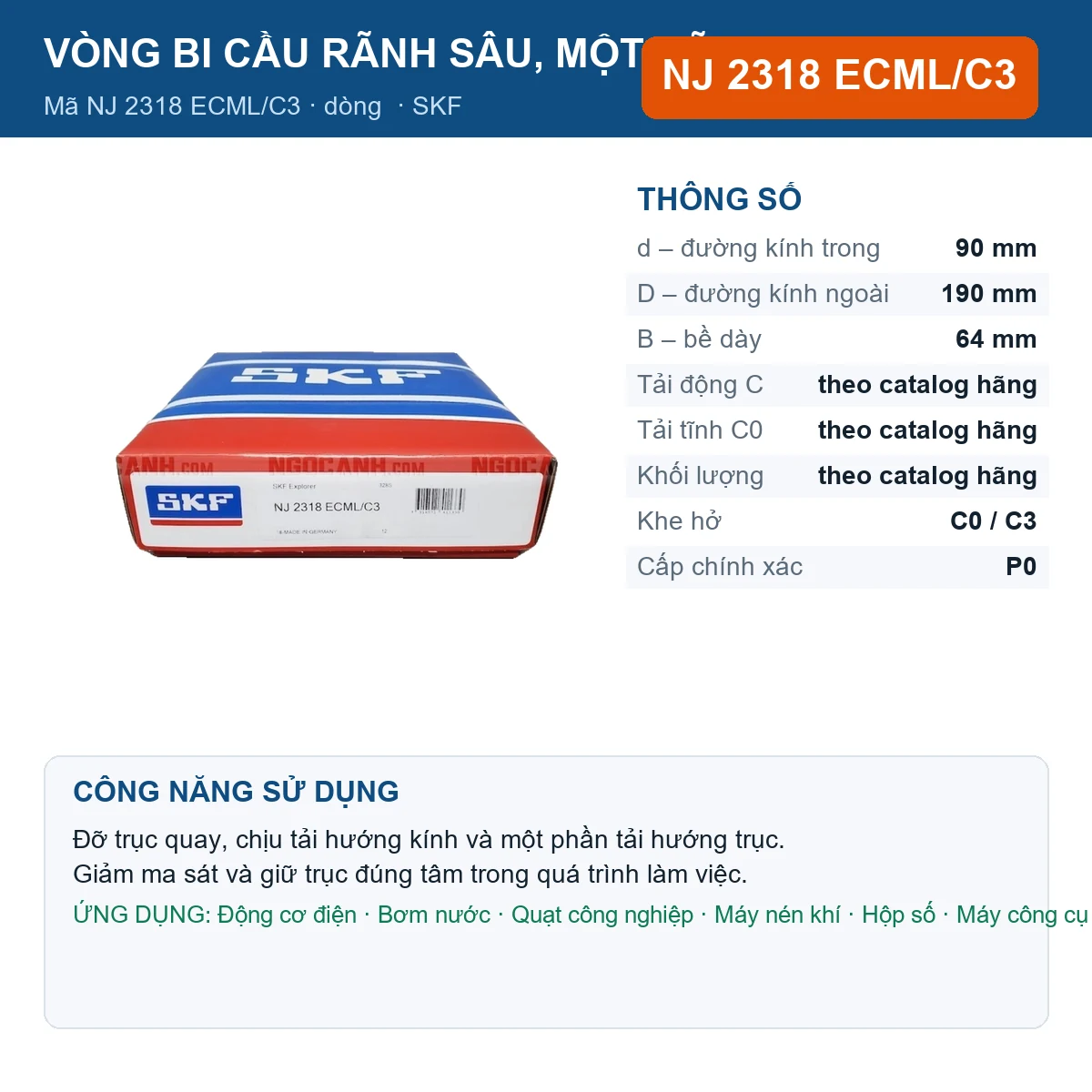 Vòng bi SKF NJ 2318 ECML/C3 — kích thước 90x190x64mm
