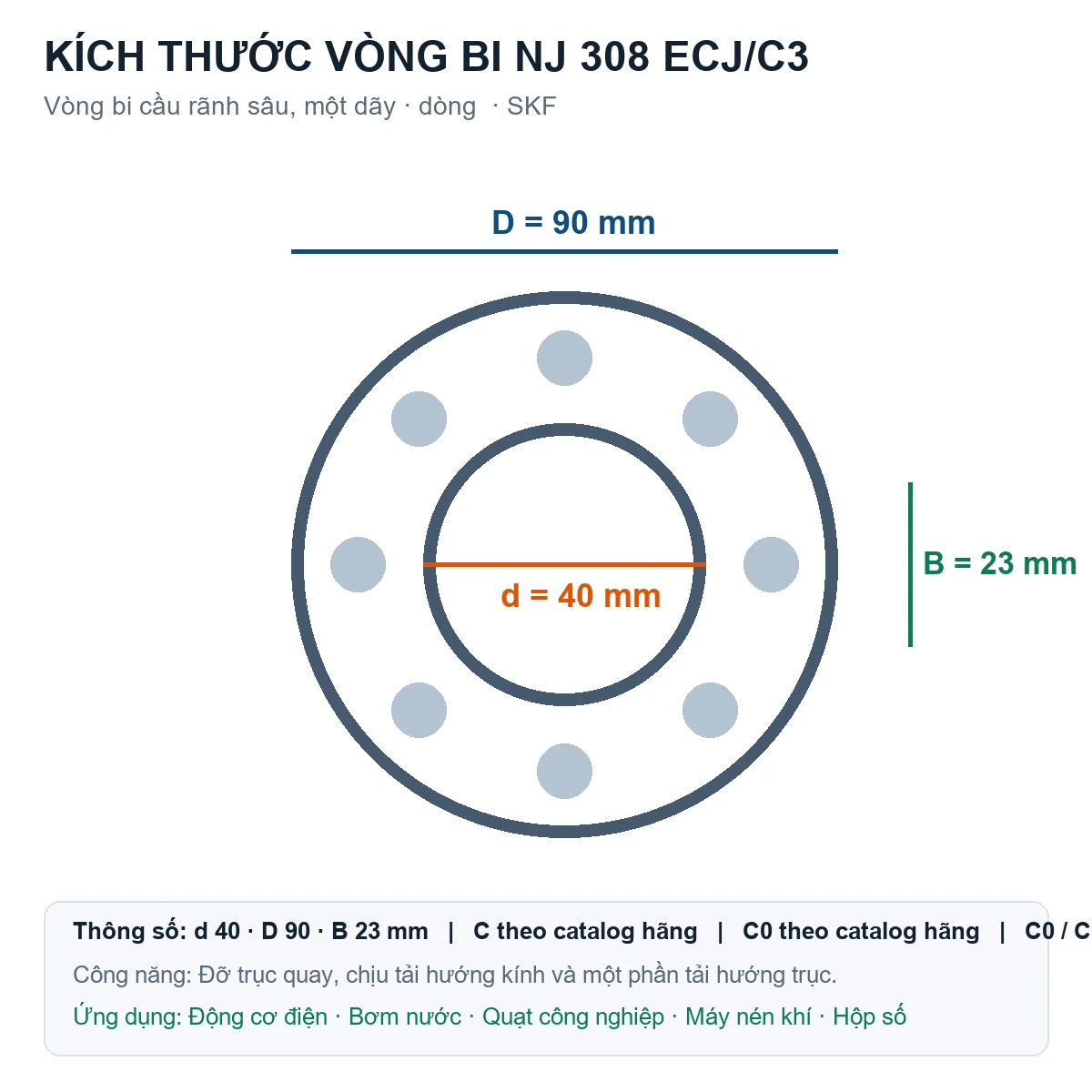 Vòng bi SKF NJ 308 ECJ/C3 40x90x23mm — Bản vẽ kích thước (Google Images)