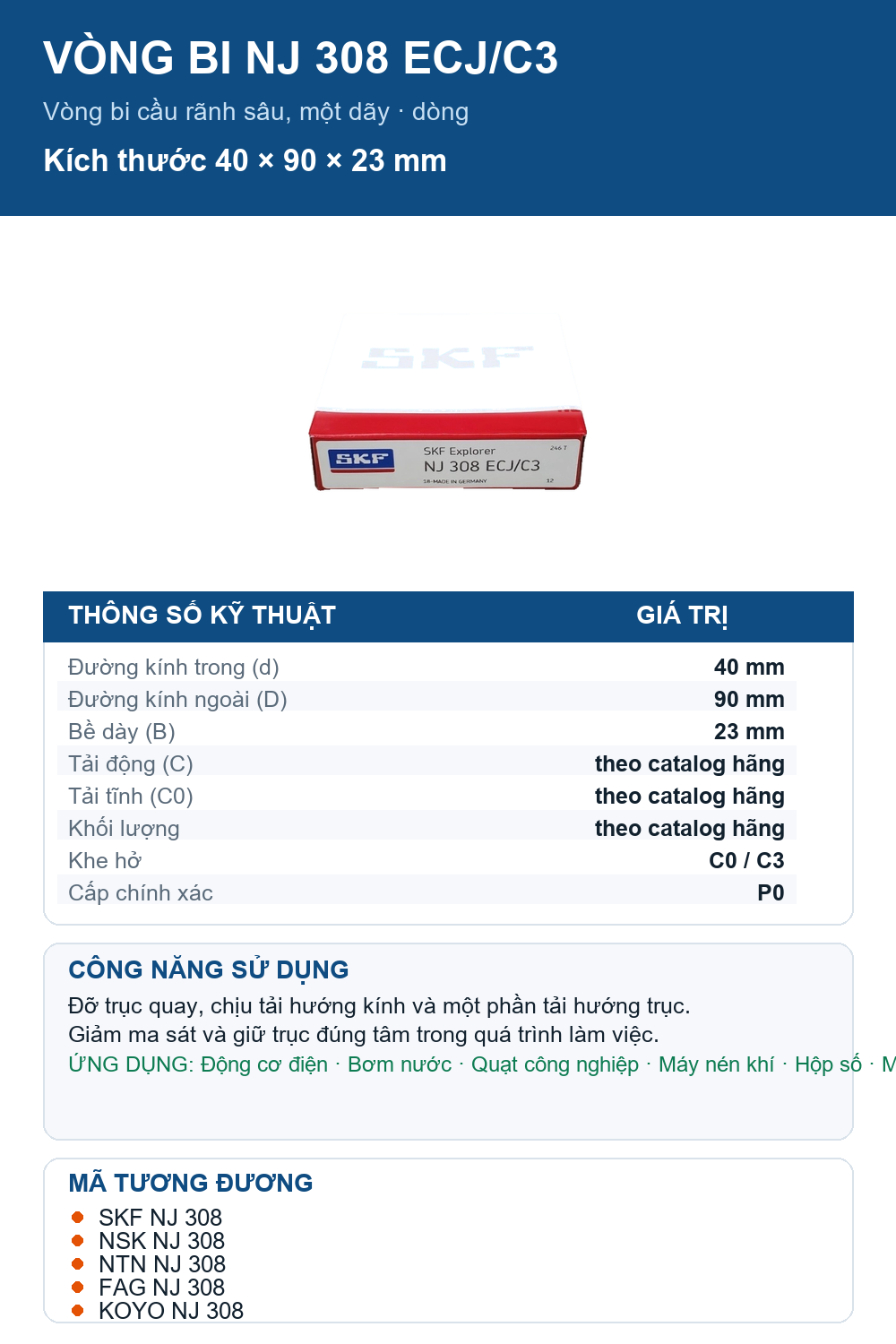 Vòng bi SKF NJ 308 ECJ/C3 40x90x23mm — Ảnh thông số (Pinterest)