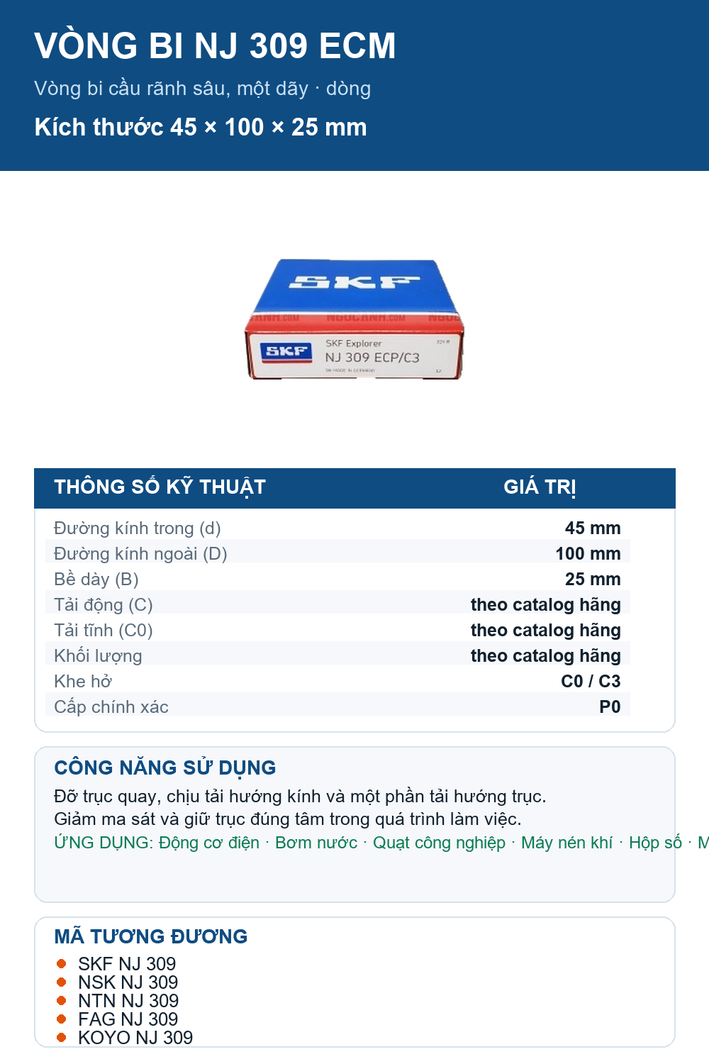 Vòng bi SKF NJ 309 ECM 45x100x25mm — Ảnh thông số (Pinterest)