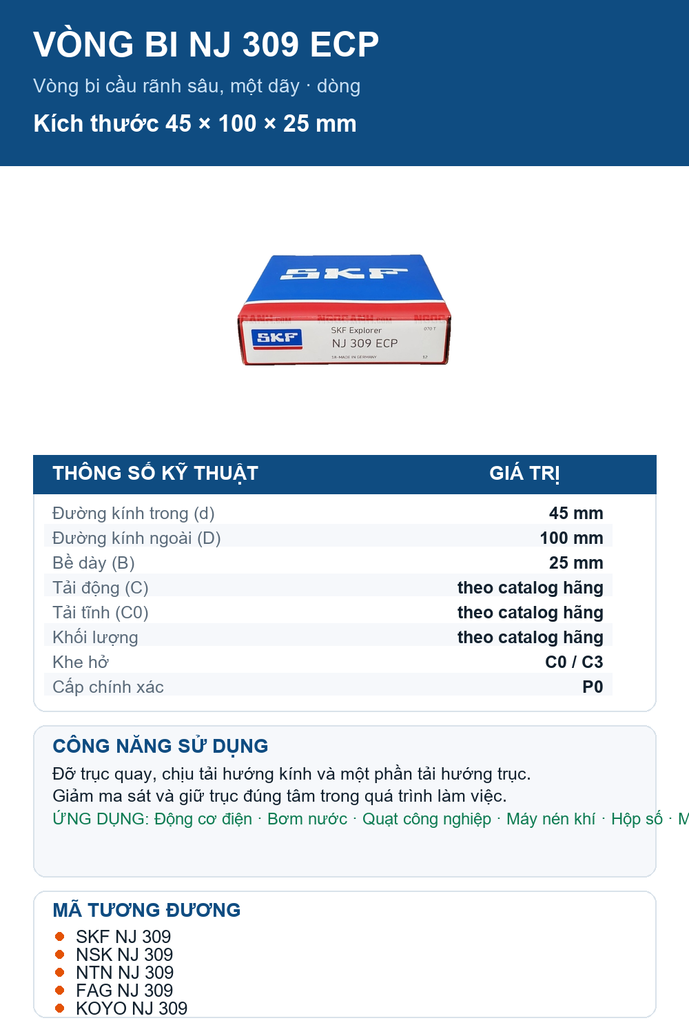 Vòng bi SKF NJ 309 ECP 45x100x25mm — Ảnh thông số (Pinterest)