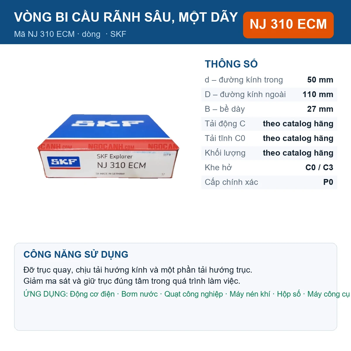 Vòng bi SKF NJ 310 ECM — kích thước 50x110x27mm