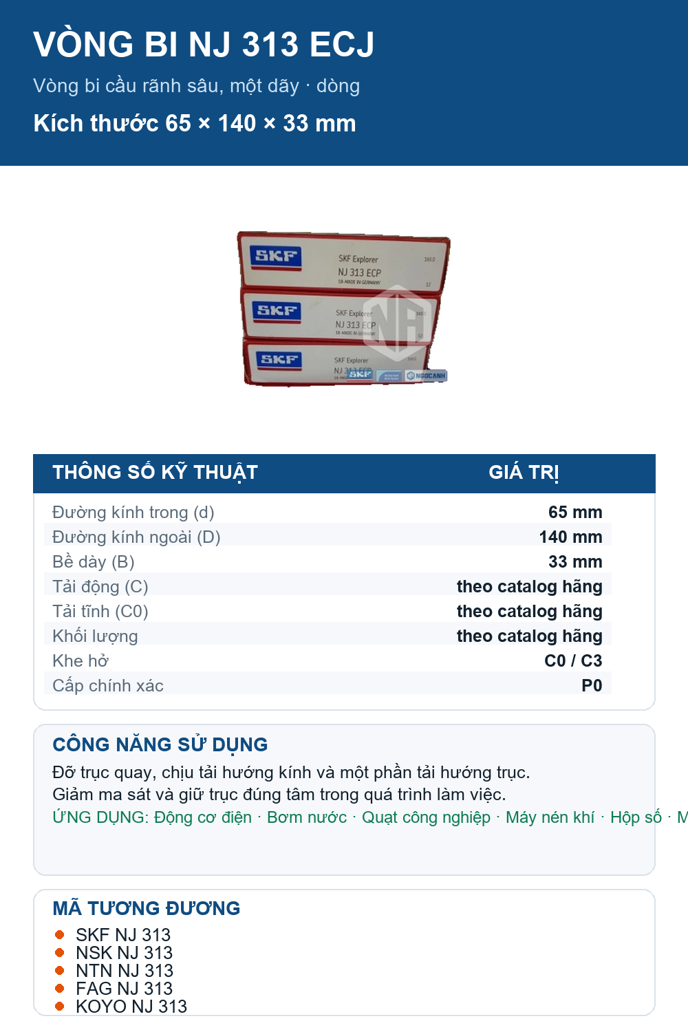 Vòng bi SKF NJ 313 ECJ 65x140x33mm — Ảnh thông số (Pinterest)