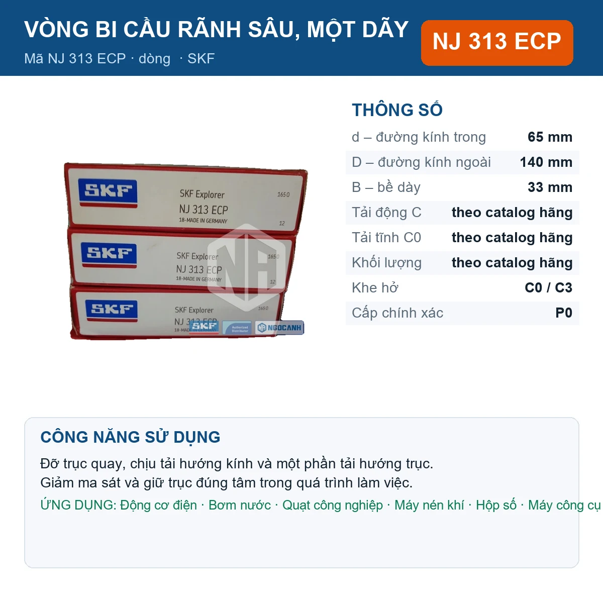 Vòng bi SKF NJ 313 ECP — kích thước 65x140x33mm
