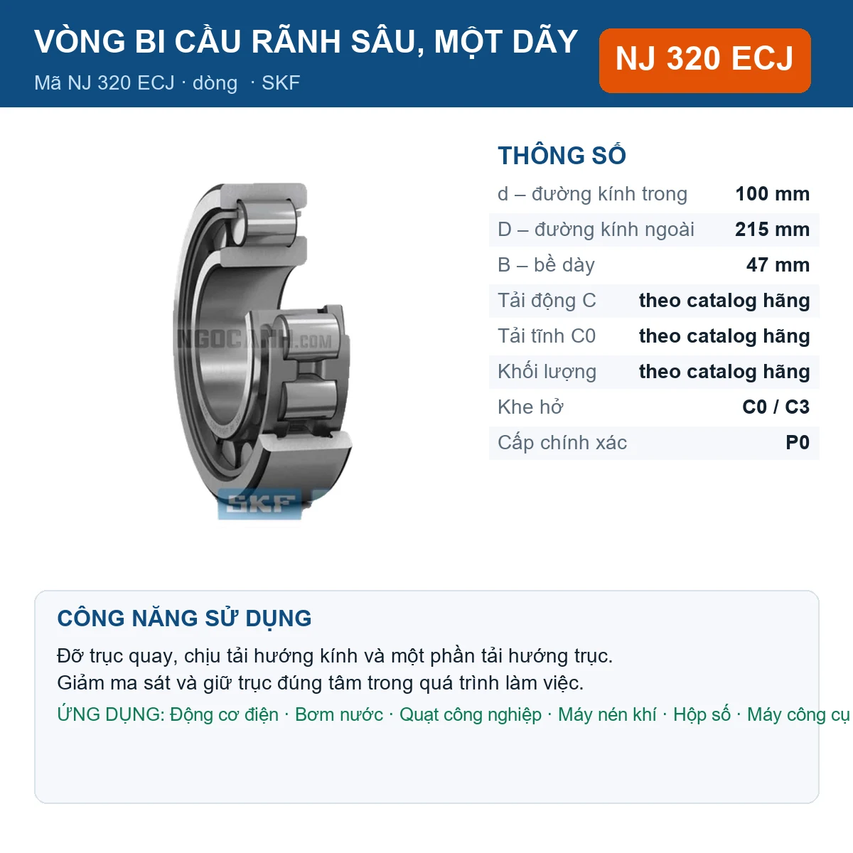 Vòng bi SKF NJ 320 ECJ 100x215x47mm — Ảnh đăng sản phẩm (web)