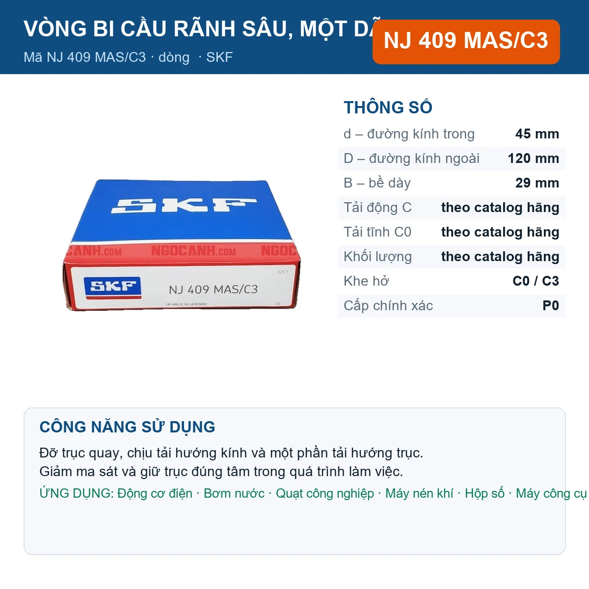 Vòng bi SKF NJ 409 MAS/C3 45x120x29mm — Ảnh đăng sản phẩm (web)