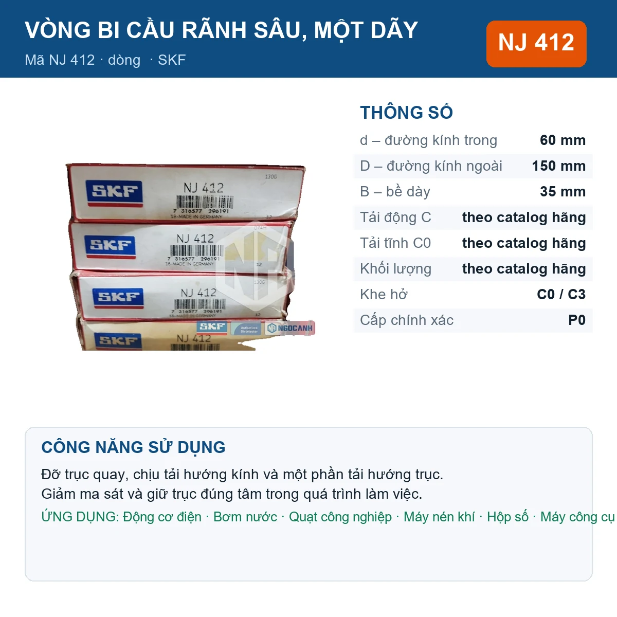 Vòng bi SKF NJ 412 60x150x35mm — Ảnh đăng sản phẩm (web)