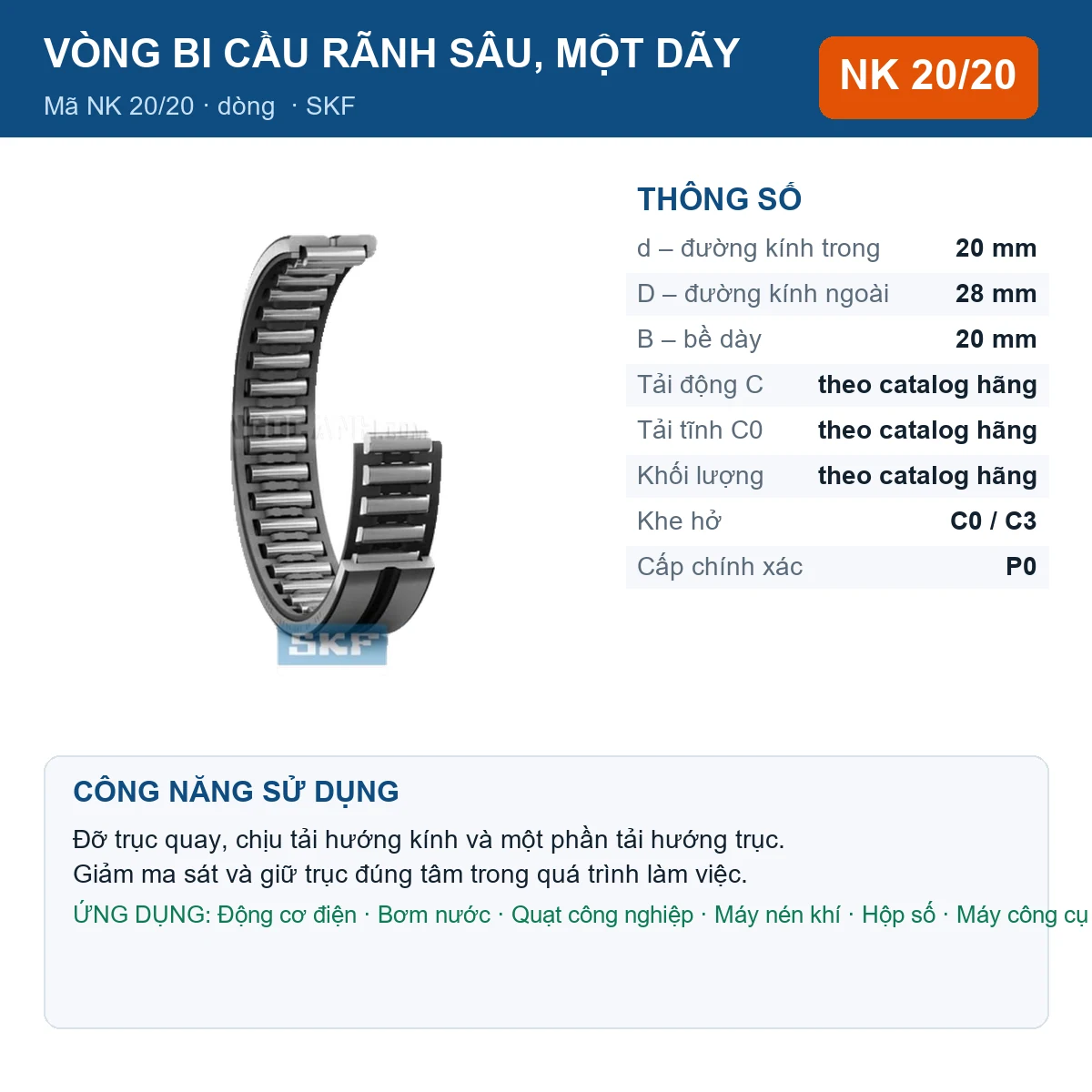 Vòng bi SKF NK 20/20 — kích thước 20x28x20mm