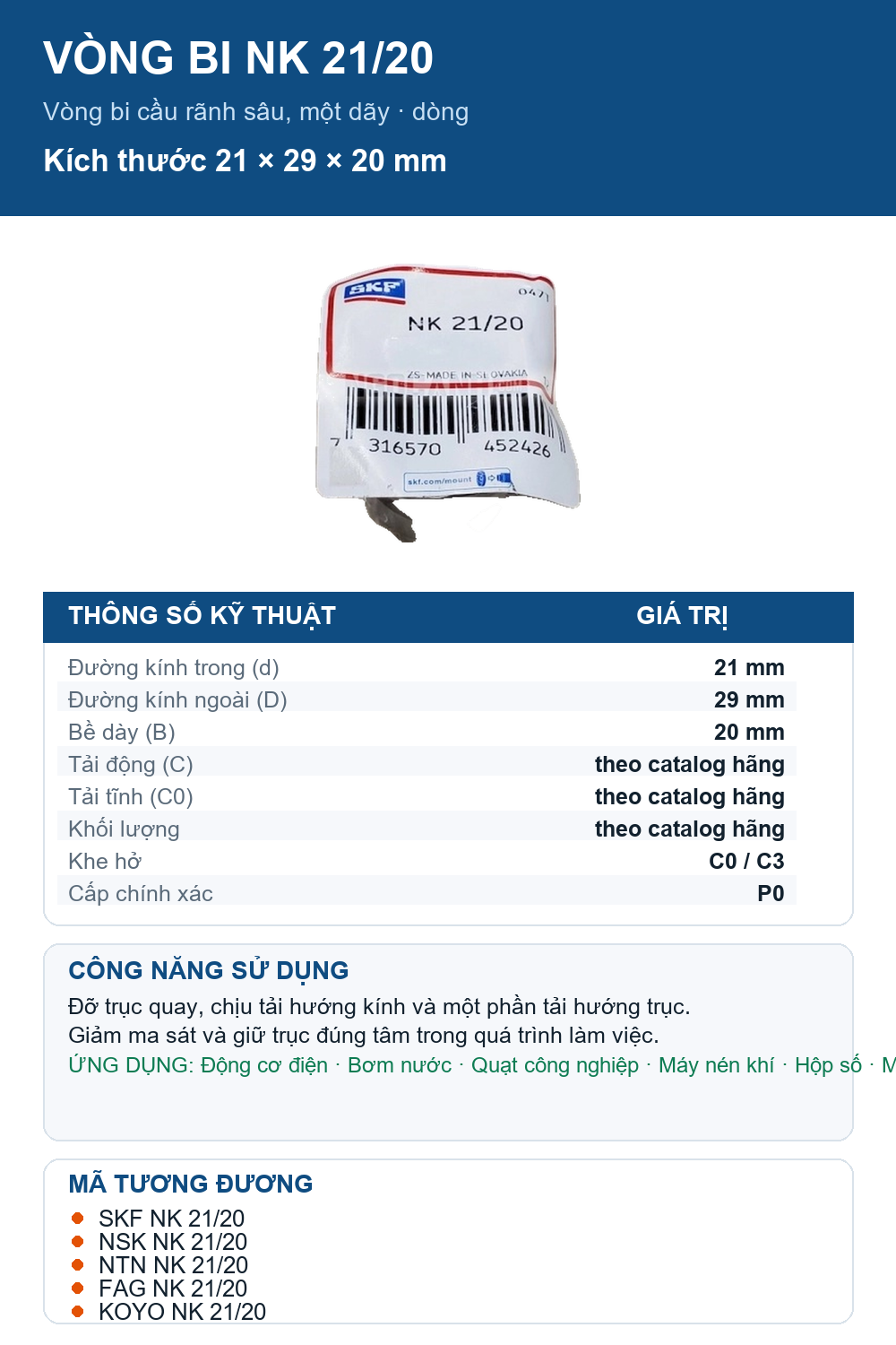 Vòng bi SKF NK 21/20 21x29x20mm — Ảnh thông số (Pinterest)