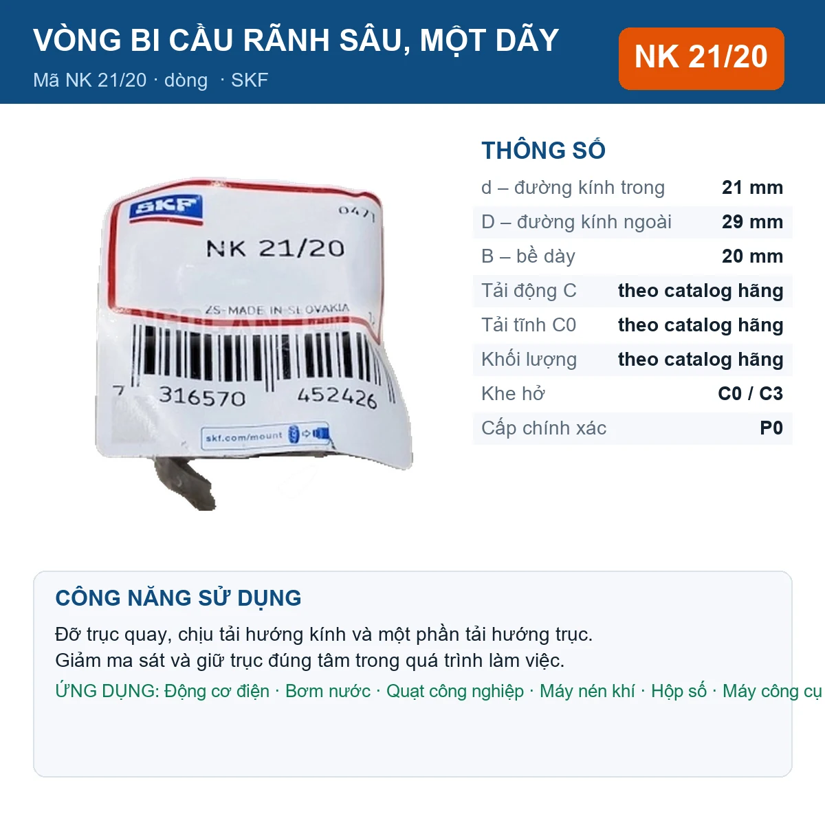 Vòng bi SKF NK 21/20 — kích thước 21x29x20mm