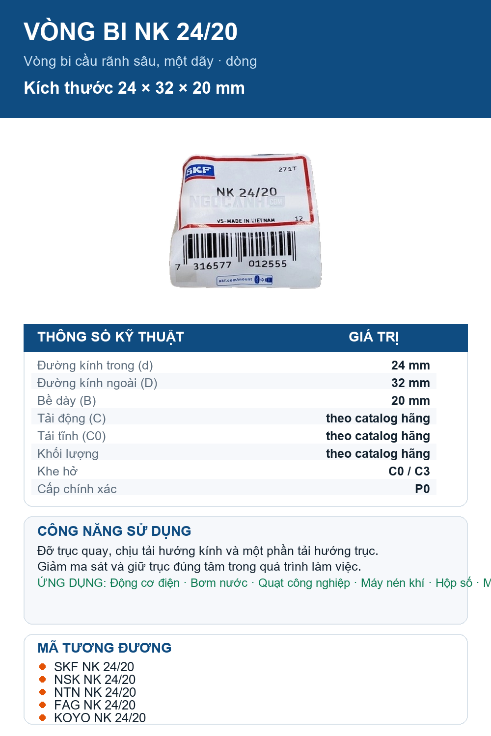 Vòng bi SKF NK 24/20 24x32x20mm — Ảnh thông số (Pinterest)