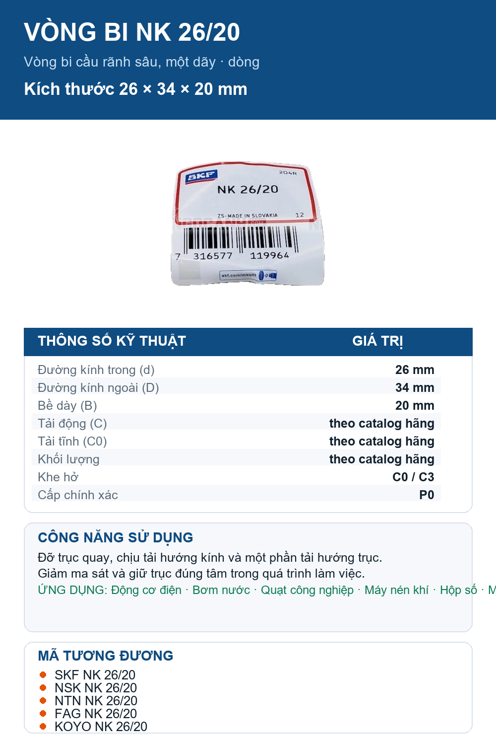 Vòng bi SKF NK 26/20 26x34x20mm — Ảnh thông số (Pinterest)