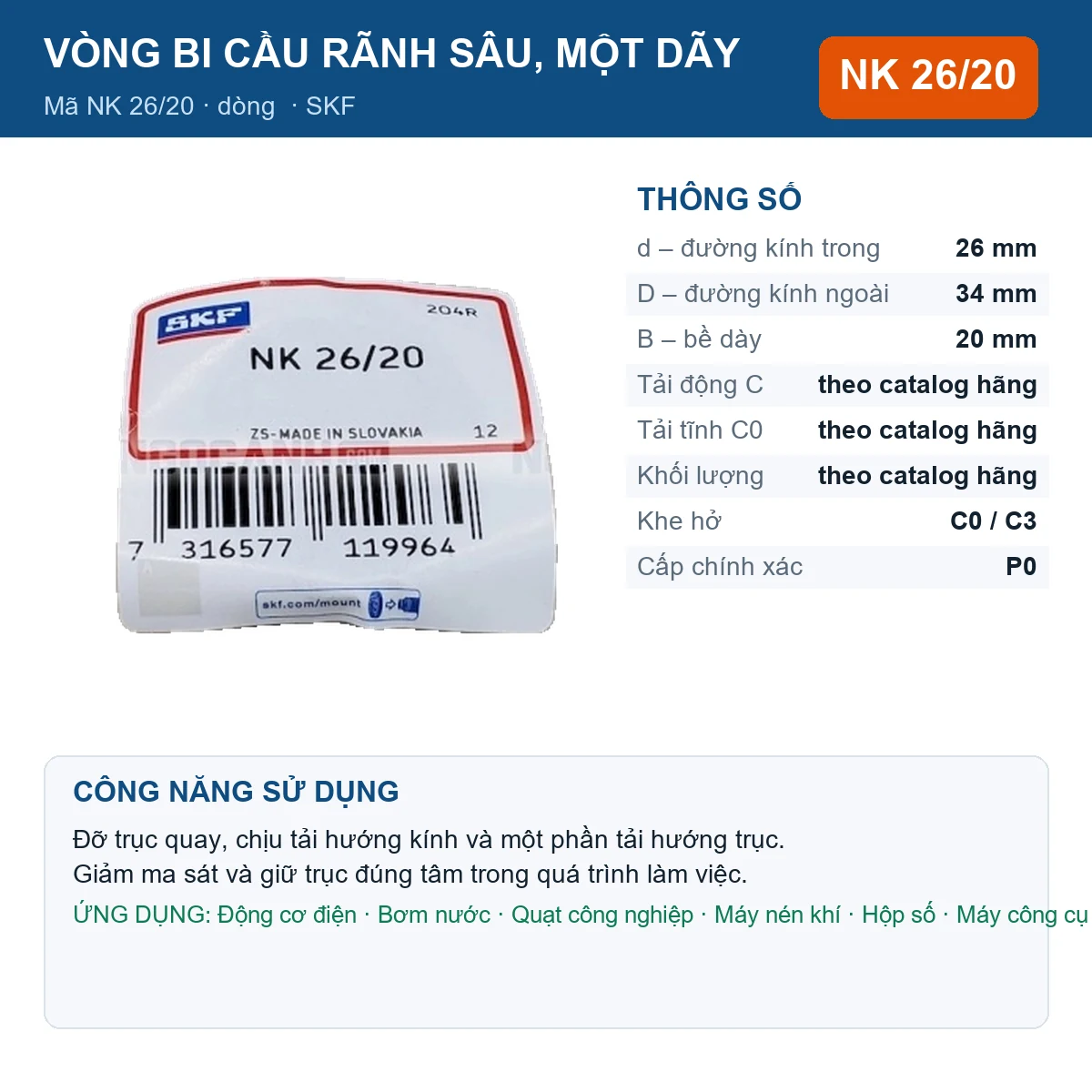 Vòng bi SKF NK 26/20 — kích thước 26x34x20mm