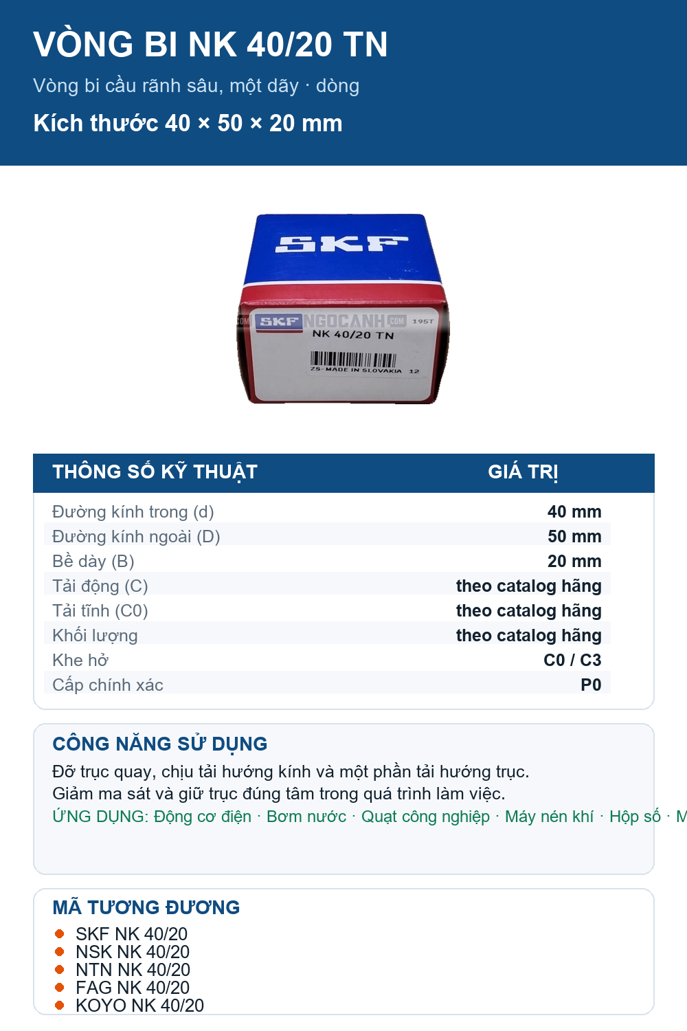 Vòng bi SKF NK 40/20 TN 40x50x20mm — Ảnh thông số (Pinterest)
