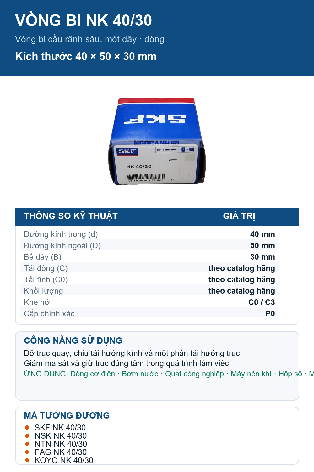 Vòng bi SKF NK 40/30 40x50x30mm — Ảnh thông số (Pinterest)