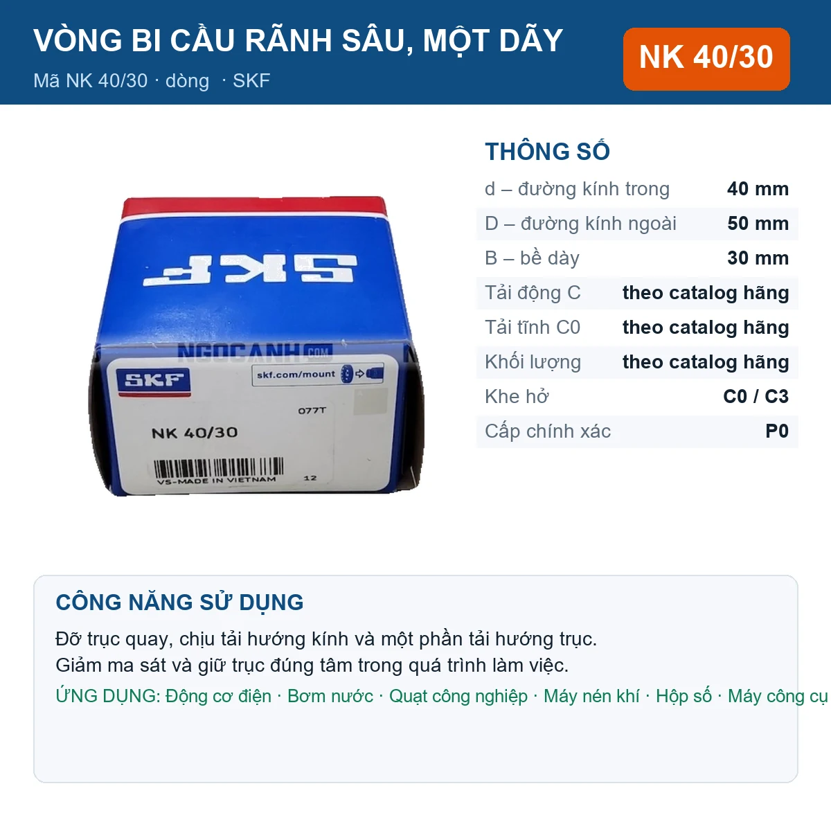 Vòng bi SKF NK 40/30 — kích thước 40x50x30mm