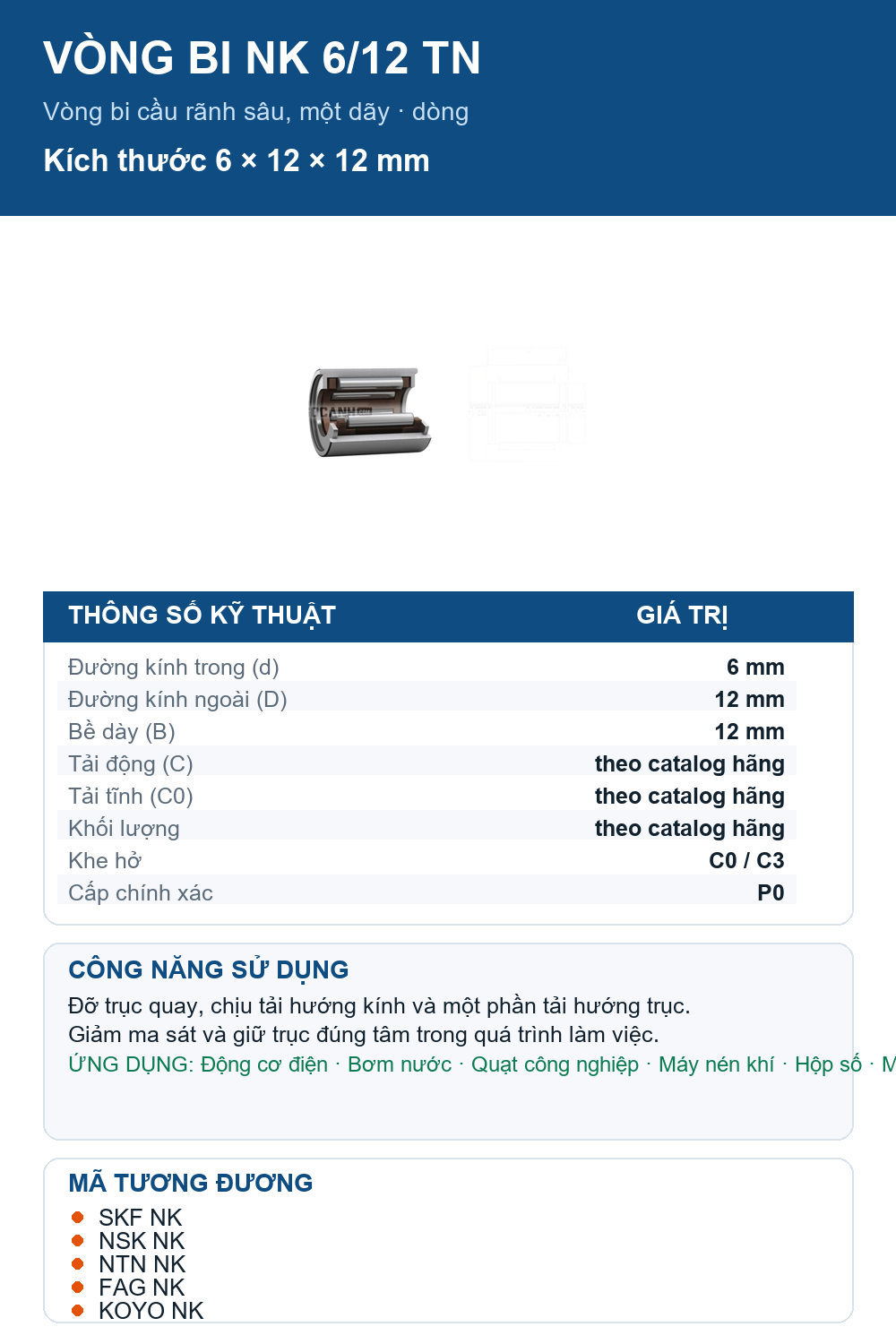 Vòng bi SKF NK 6/12 TN 6x12x12mm — Ảnh thông số (Pinterest)