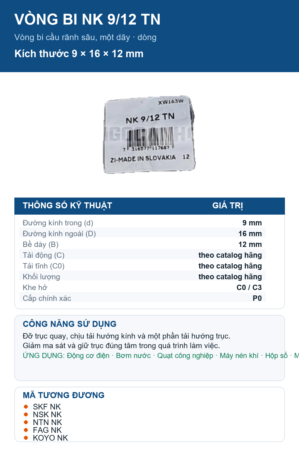 Vòng bi SKF NK 9/12 TN 9x16x12mm — Ảnh thông số (Pinterest)