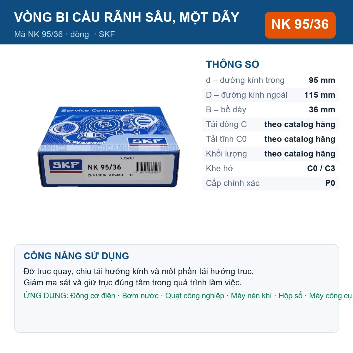 Vòng bi SKF NK 95/36 — kích thước 95x115x36mm