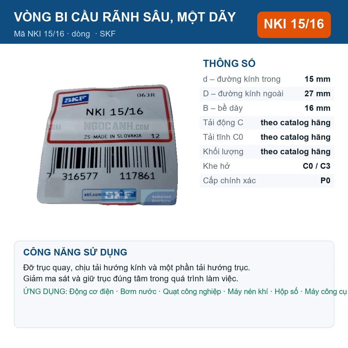 Vòng bi SKF NKI 15/16 — kích thước 15x27x16mm