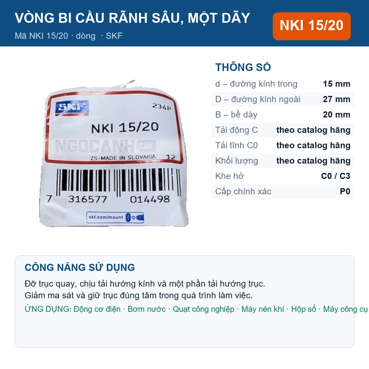Vòng bi SKF NKI 15/20 — kích thước 15x27x20mm